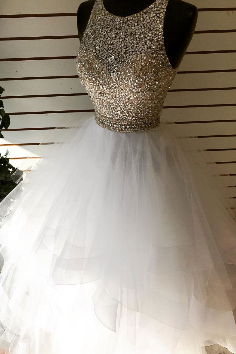 White Round Neck Tulle Sequin Beaded Long Prom Dress White Evening Dress