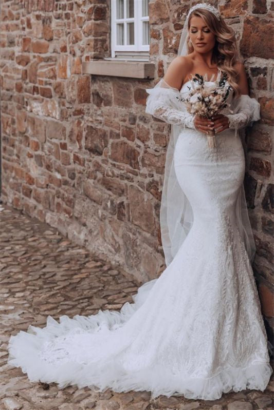 Bubble Sleeve Sweetheart Mermaid Wedding Dress with Lace