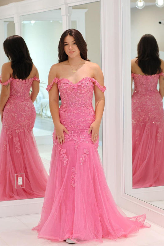 Suzanne Dressystars  Girly Pink Mermaid Off the Shoulder Tulle Material Long Elegant Prom Dress with Delicate Appliques