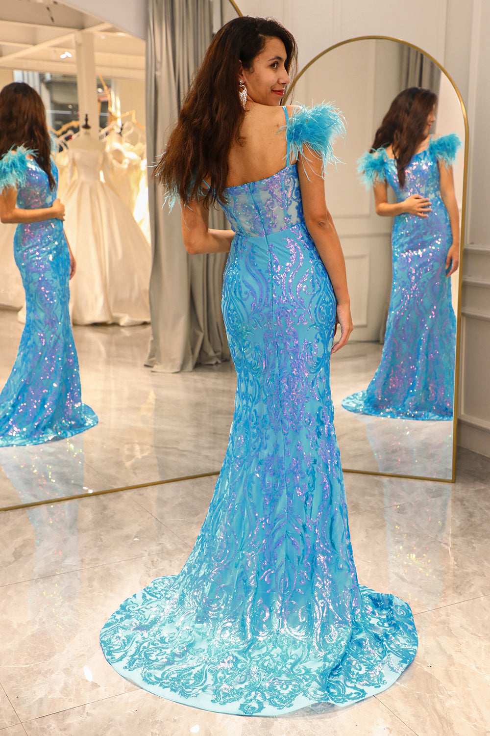 Shiny Light Blue Mermaid Long Prom Dress With Feather