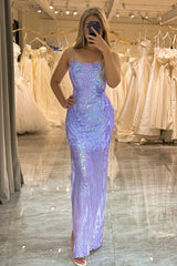 Sparkly Lilac Mermaid Backless Long Prom Dress With Sequined Appliques