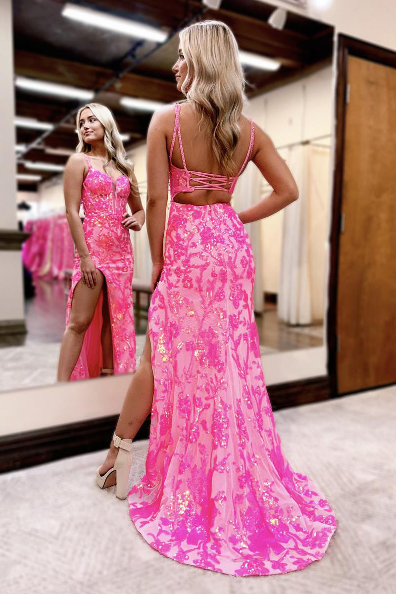 Girly Pink Chic Sweetheart Collar Sequin Material  Lace Mermaid Prom Dresses with Split Design