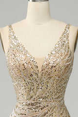 Golden Beaded Backless Long Prom Dress