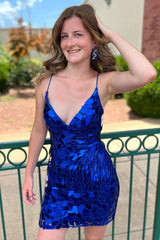 sparkly royal blue sequin styleed tight fitting short homecoming dress