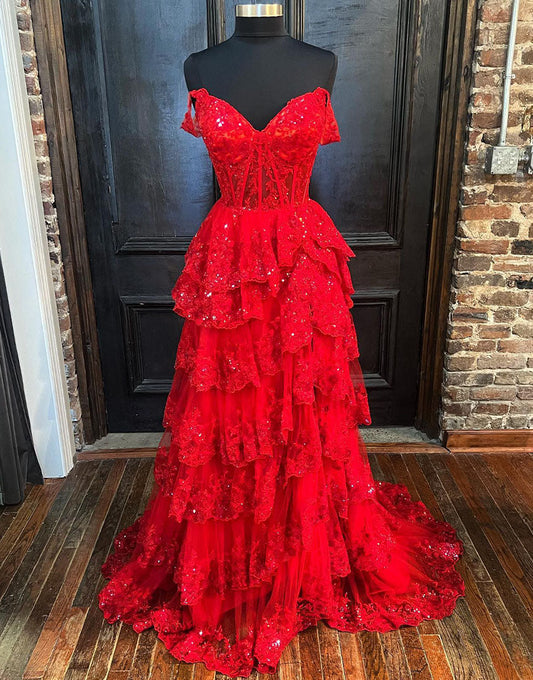 Red Princess A Line Off the Shoulder Sexy Corset Elegant Prom Dress with Lace Ruffles