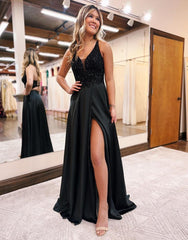 Colette Dressystars A-Line Sexy V-Neck Satin Elegant Prom Dress with Split Design