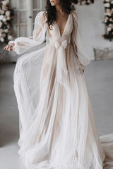 Ivory A Line Tulle Beach Wedding Dress Long Sleeves Bridal Dress