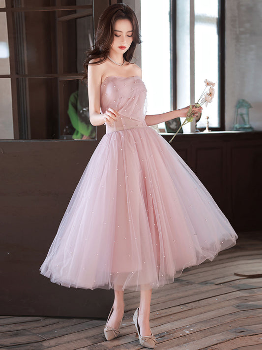 Pink A-Line Tea Length Prom Dress Pink Tulle Formal Evening Gown