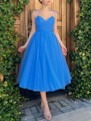 Blue V-Neck Tulle Short Prom Dress Blue Homecoming Dress