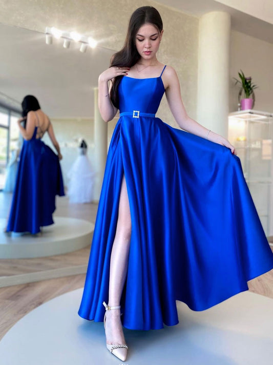 Simple Blue Satin Long Prom Dress Blue Formal Party Dress