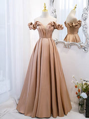 A-Line Off-Shoulder Satin Champagne Long Prom Dress Champagne Formal Dress