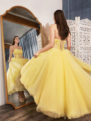 Yellow Tulle Tea-Length Lace Prom Dress Yellow Evening Dress