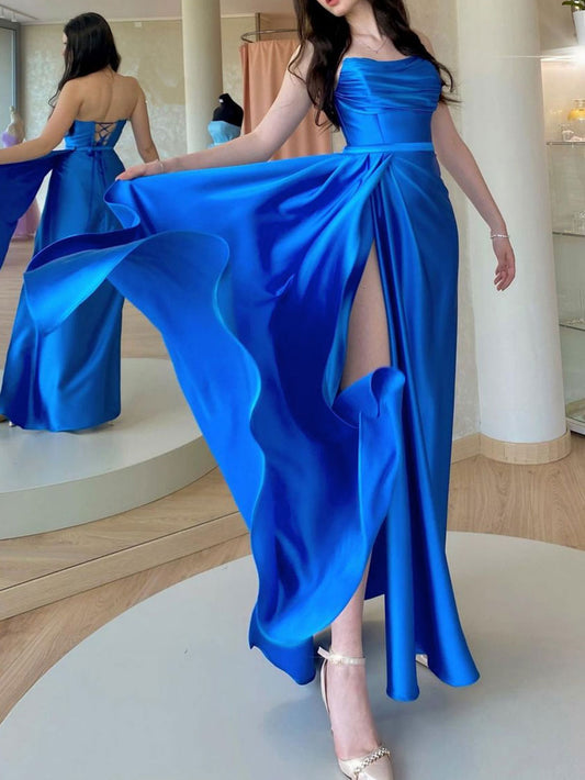 Simple Blue Satin Long Prom Dress Blue Formal Party Dress