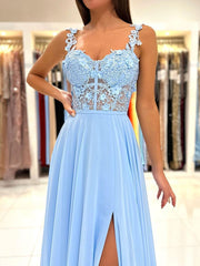 Blue A-Line Chiffon Lace Long Prom Dress Blue Chiffon Long Formal Dress