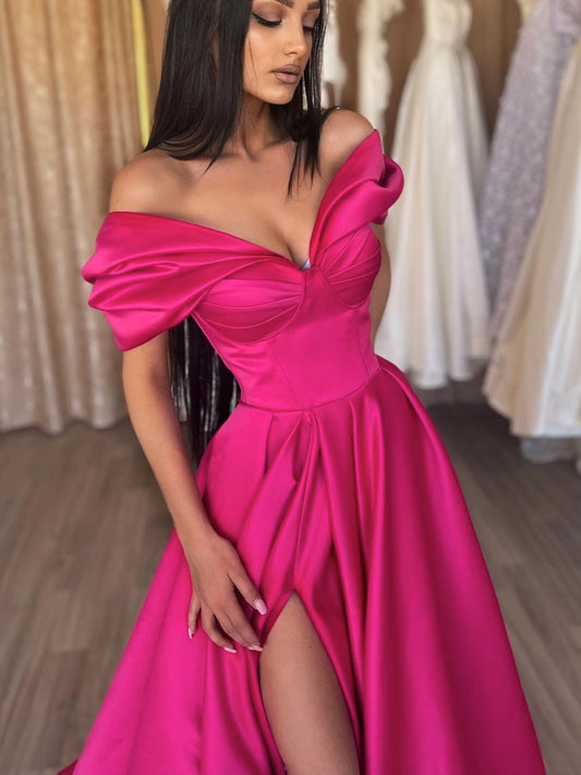 Elegant V-Neck Off-Shoulder Satin Long Prom Dress Formal Evening Dress