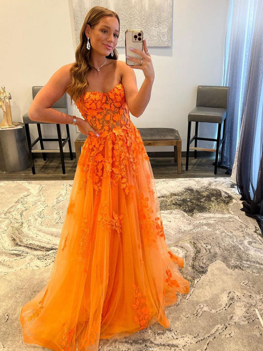 Orange Sweetheart Neck Tulle Lace Long Prom Dress Orange Formal Graduation Dress