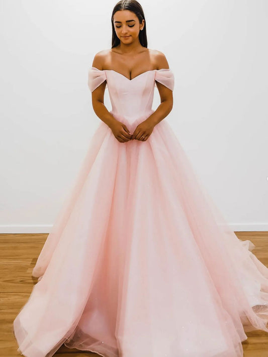 Pink Off-Shoulder Tulle Long Prom Dress Pink A-Line Evening Dress