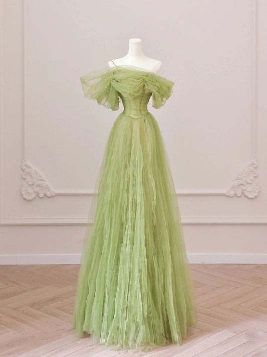 Green A-Line Tulle Long Prom Dress Simple Green Formal Party Dress