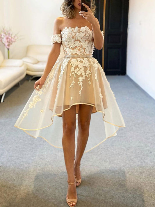 Champagne Tulle Off-Shoulder Lace High-Low Prom Dress Lace Homecoming Dress