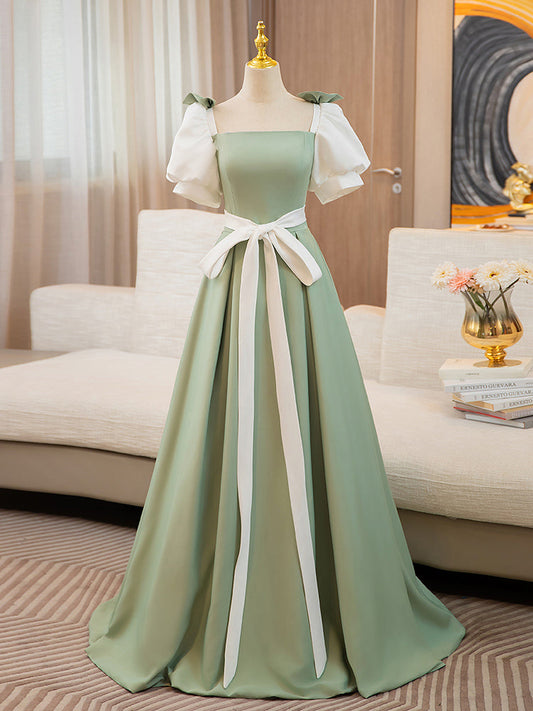 A-Line Puff Sleeves Satin Green Long Prom Dress Green Sweet 16 Dress