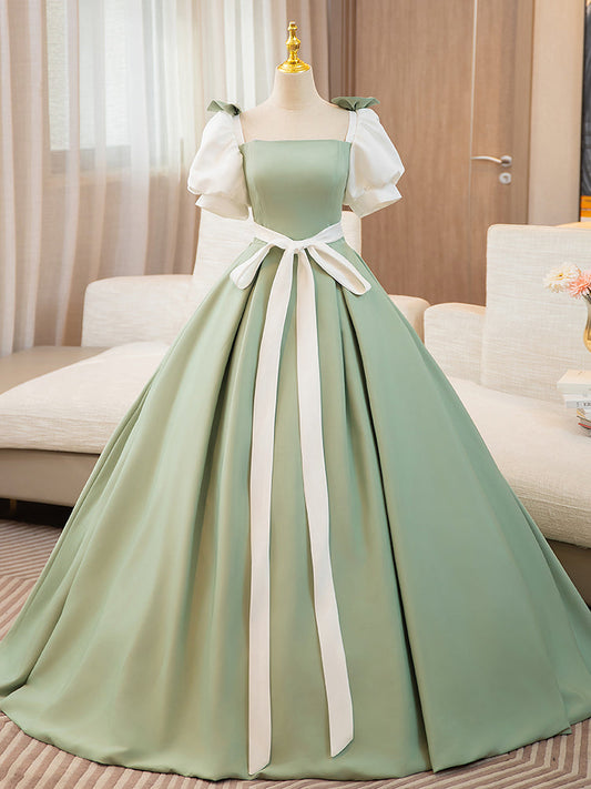 A-Line Puff Sleeves Satin Green Long Prom Dress Green Sweet 16 Dress