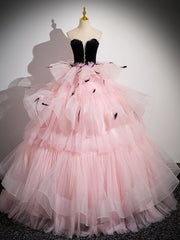 Pink Sweetheart Neck Tulle Long Prom Dress Pink Long Prom Gown