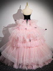 Pink Sweetheart Neck Tulle Long Prom Dress Pink Long Prom Gown