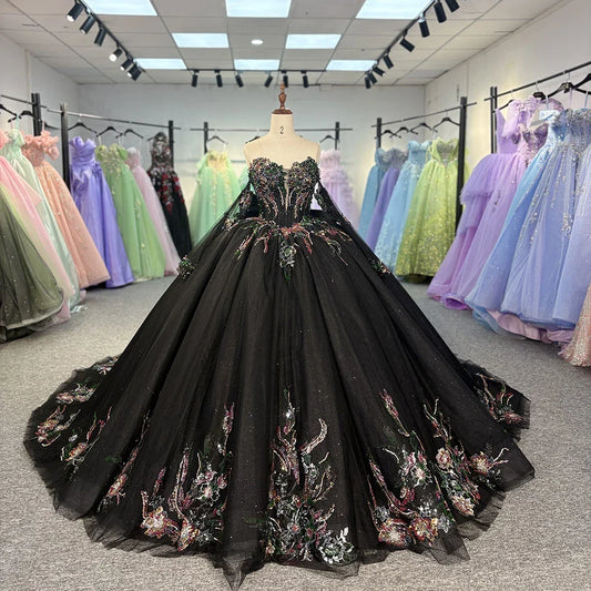 Black Beautiful Multi-Color Printed Bow Quinceanera Dress Beading Detachable Sleeves Sweet 16 Dress