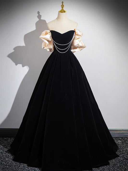 A-Line Black Velvet Long Prom Dress Black Long Evening Dress