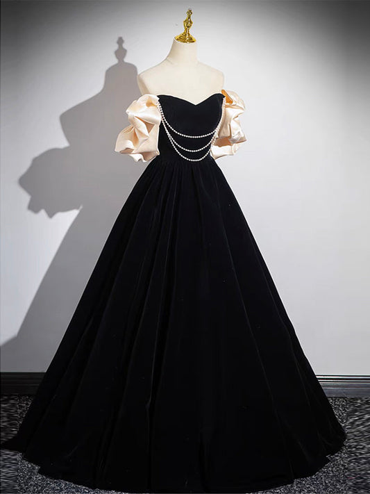 A-Line Black Velvet Long Prom Dress Black Long Evening Dress