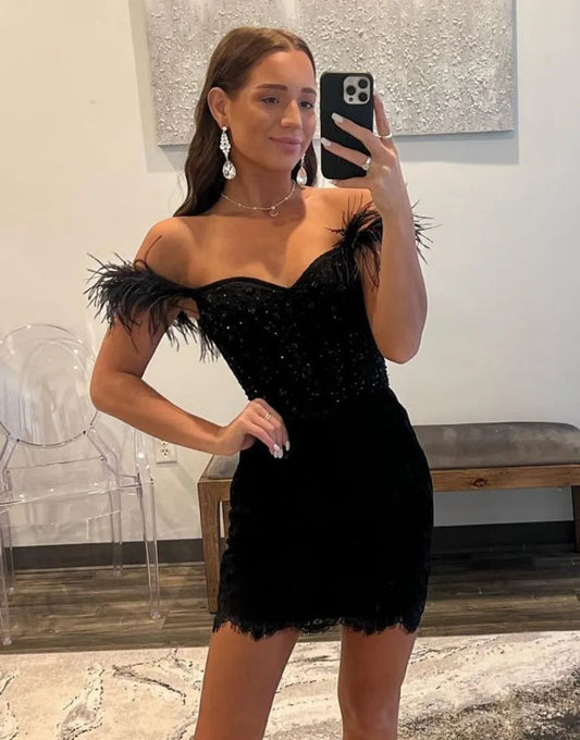 bodycon heart shaped black lace short homecoming dresses with chic feather style