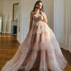 Dressystars Blush Princess A line Off Shoulder Ruffled Tulle Material Prom Dress