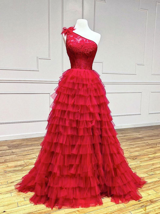 One-Shoulder Tulle Lace Burgundy Long Prom Dress Burgundy Formal Dress