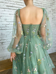 Green Tulle Lace Tea-Length Prom Dress Green Evening Dress