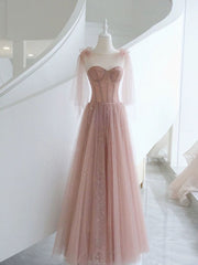 Pink A-Line Tulle Long Prom Dress Pink Formal Graduation Dress