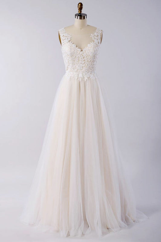 Champagne Tulle Wedding Dress Lace Appliques A-Line Sleeveless Bridal Dress