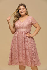 Dusty Rose V neck Wedding Party Dress Short Sleeves Lace Cocktail Dress