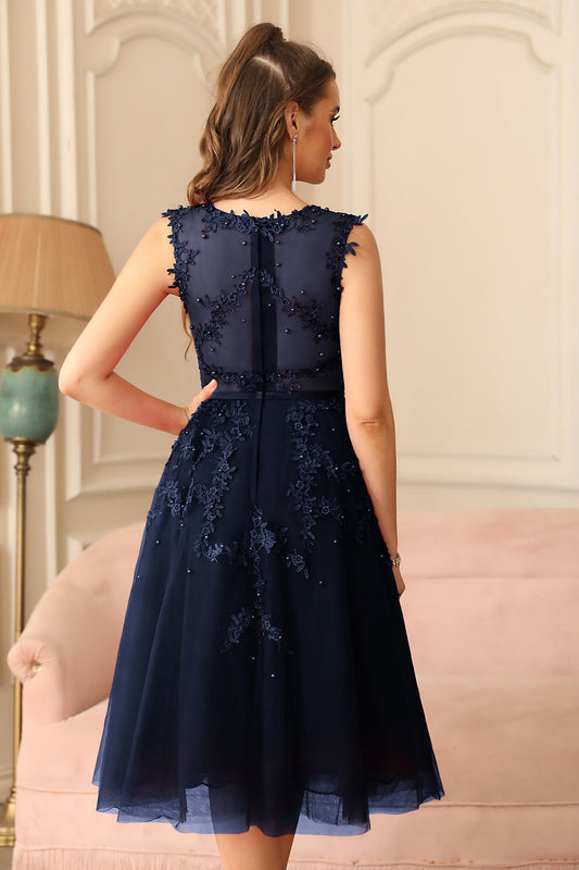 Navy Crew Neck Homecoming Dress Tulle Appliques A Line Wedding Party Dress