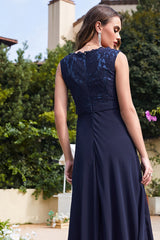 Navy Chiffon Lace Sleeveless Bridesmaid Dress