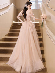 Champagne Pink A-Line Tulle Sequin Long Prom Dress Champagne Pink Formal Dress