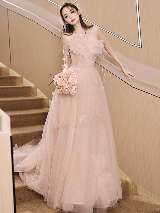 Champagne Pink A-Line Tulle Sequin Long Prom Dress Champagne Pink Formal Dress