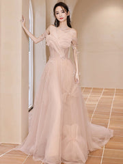 Champagne Pink A-Line Tulle Sequin Long Prom Dress Champagne Pink Formal Dress