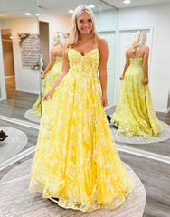 Ellis Dressystars  Cute Yellow A-Line Spaghetti Straps Long Elegant Prom Dress With Delicate Appliques