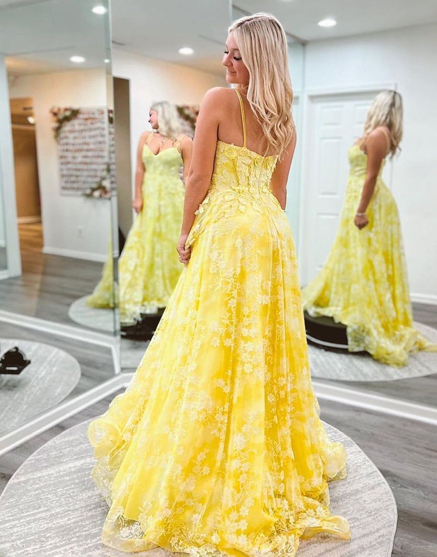 Ellis Dressystars  Cute Yellow A-Line Spaghetti Straps Long Elegant Prom Dress With Delicate Appliques