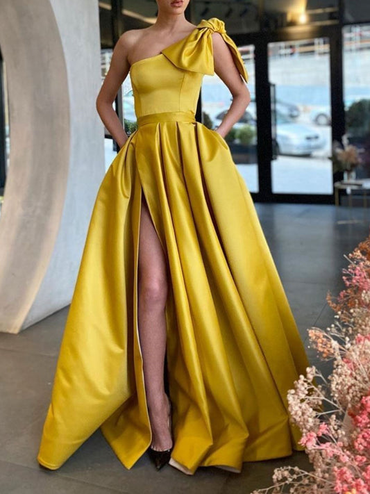 Yellow Satin Long Prom Dress Yellow Evening Dress