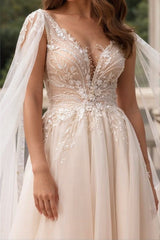 Champagne A Line Wedding Dress V Neck Bridal Dress with Watteau Train