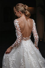 Ivory V Neck Wedding Dress A Line Appliques Bridal Dress with Sweep Train