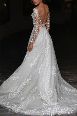 Ivory V Neck Wedding Dress A Line Appliques Bridal Dress with Sweep Train