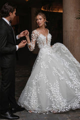 Ivory V Neck Wedding Dress A Line Appliques Bridal Dress with Sweep Train