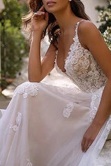 Ivory Wedding Dress A-Line Tulle Spaghetti Straps Bridal Dress with Appliques